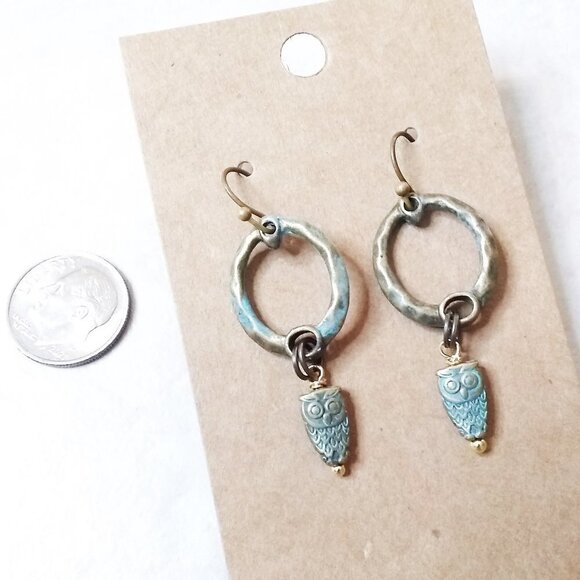 Handmade Owl Dangle Earrings!!! Shorter Patina Painted Bronze Owls - Bird Lovers - Picture 5 of 6